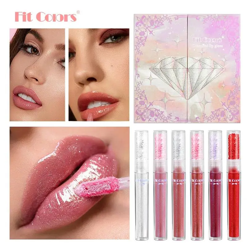 Pearlized Diamond Lip Oil Gloss Set 6 Shades Waterproof Moisturizing High Shine Lipgloss Luxe Gift Box for Women