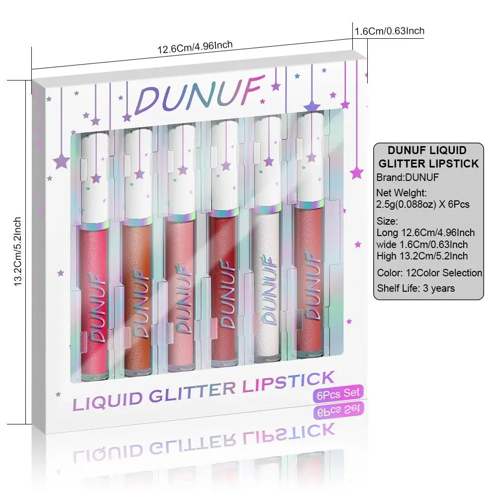 Set of 6 Shimmery Lipsticks with Diamond Sparkle Metallic Gloss Waterproof Long Wear Lip Glaze Makeup