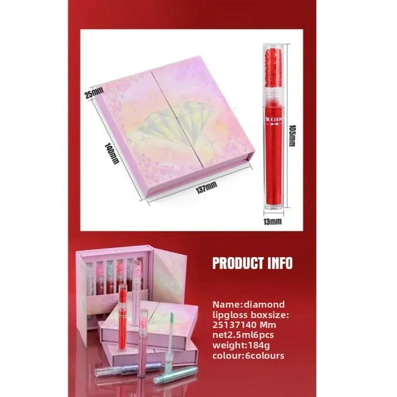 Pearlized Diamond Lip Oil Gloss Set 6 Shades Waterproof Moisturizing High Shine Lipgloss Luxe Gift Box for Women