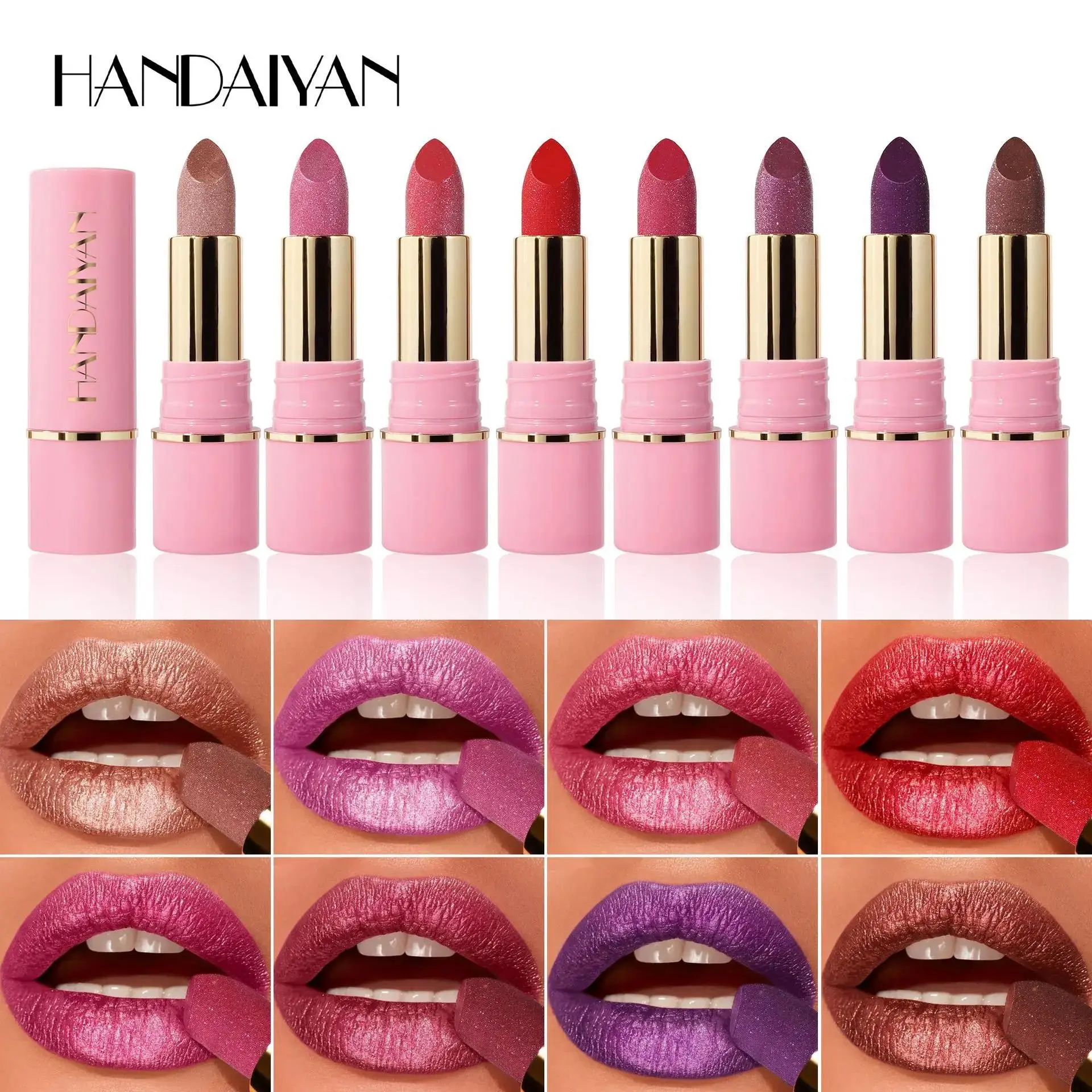 8 Colors Glitter Diamond Lipstick Long Lasting Metallic Purple Pearlescent Pink Brown Sparkle Makeup Cosmetic Waterproof
