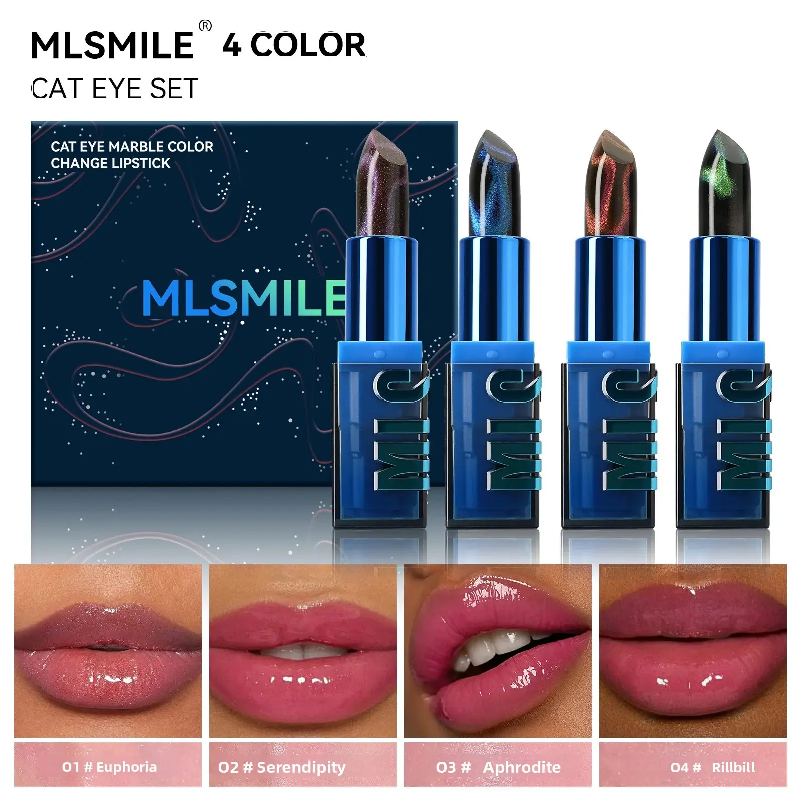 Warm Tone Color Shift Lipstick Set 4PCS Fine Glitter Moisturizing Non Transfer Diamond Shine Cat Eye Lip Makeup
