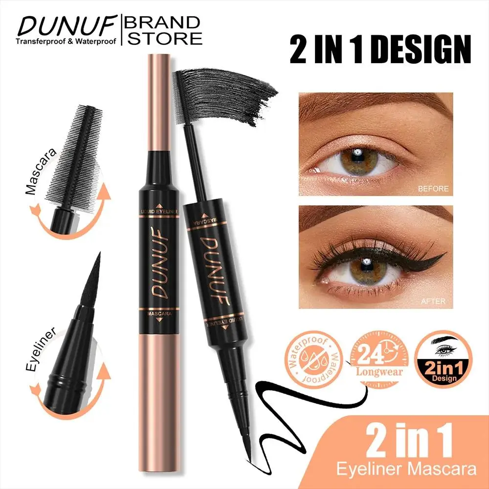 DUNUF Black 2in1 Mascara Eyeliner Waterproof Longwearing Smudgeproof Volumize Curl Lashes Eye Makeup