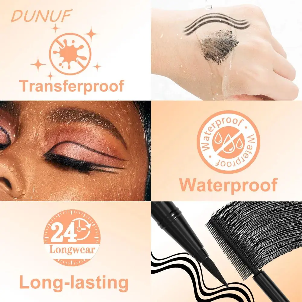 DUNUF Black 2in1 Mascara Eyeliner Waterproof Longwearing Smudgeproof Volumize Curl Lashes Eye Makeup