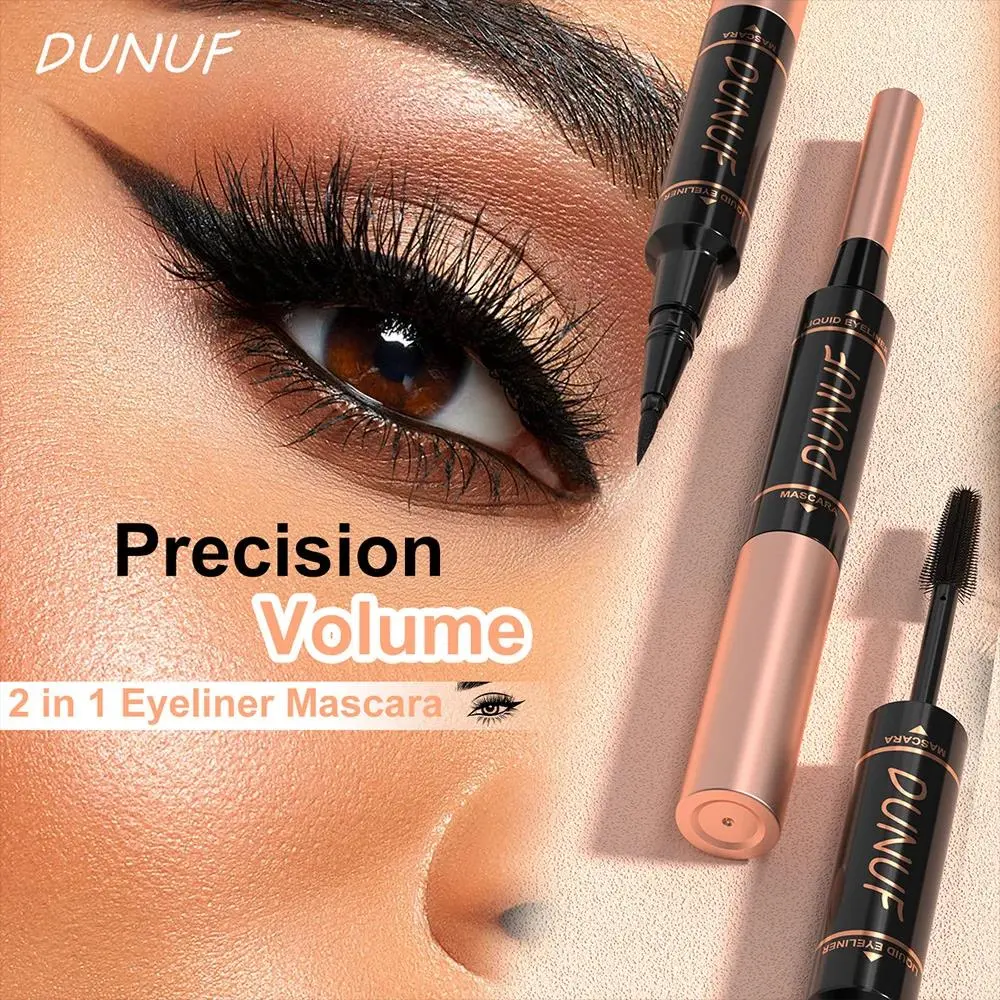 DUNUF Black 2in1 Mascara Eyeliner Waterproof Longwearing Smudgeproof Volumize Curl Lashes Eye Makeup