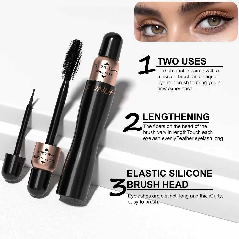 DUNUF Dual Mascara and Eyeliner Kit Smudge Free Lengthen Curl Volume Waterproof Black Eye Makeup Set