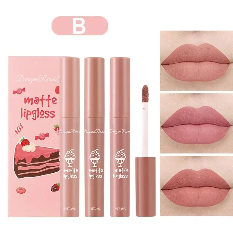 Dragon Ranee 3pcs Matte Lipgloss Set Velvet Liquid Lipstick Nude Lip Glaze Waterproof Long Lasting Non Sticky Lip Makeup Kit