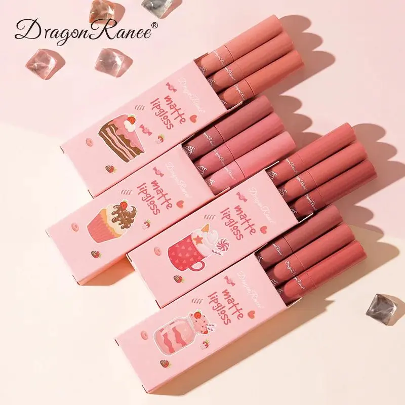 Dragon Ranee 3pcs Matte Lipgloss Set Velvet Liquid Lipstick Nude Lip Glaze Waterproof Long Lasting Non Sticky Lip Makeup Kit