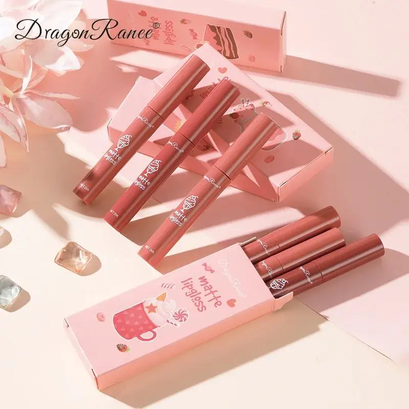 Dragon Ranee 3pcs Matte Lipgloss Set Velvet Liquid Lipstick Nude Lip Glaze Waterproof Long Lasting Non Sticky Lip Makeup Kit