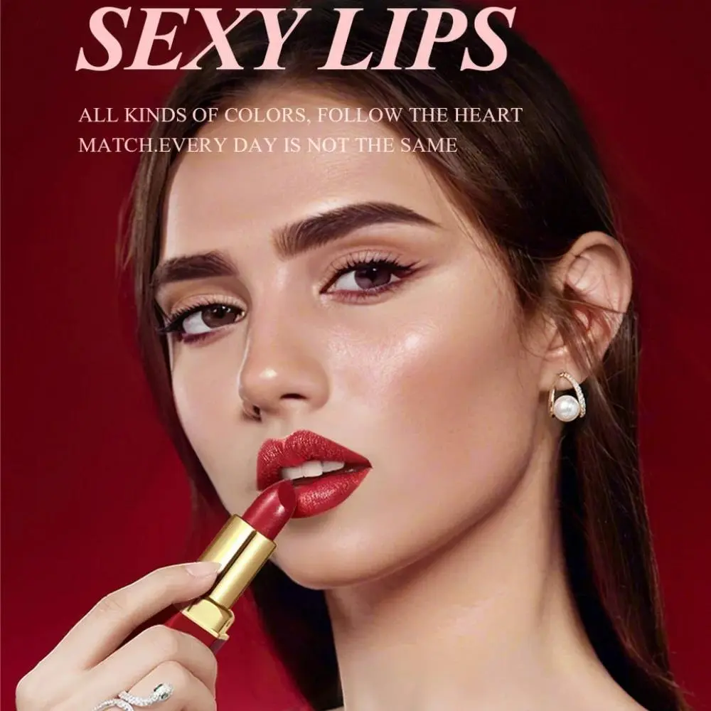 6pcs Matte Shiny Diamond Lipstick Set Long Lasting Non Sticky Moisturizing Velvet Lip Makeup Kit Sexy Red Colors