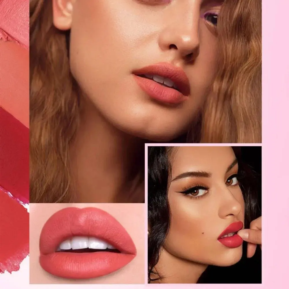 6pcs Matte Shiny Diamond Lipstick Set Long Lasting Non Sticky Moisturizing Velvet Lip Makeup Kit Sexy Red Colors