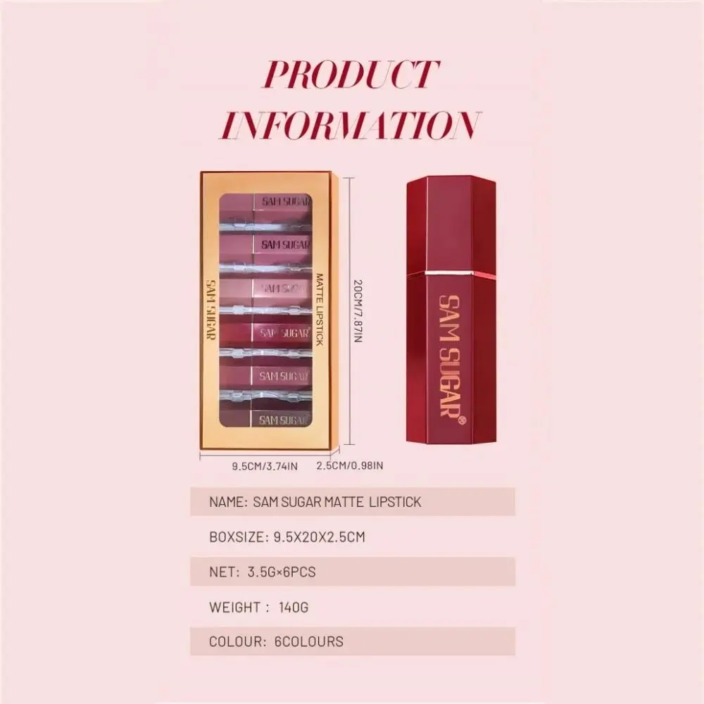 6pcs Matte Shiny Diamond Lipstick Set Long Lasting Non Sticky Moisturizing Velvet Lip Makeup Kit Sexy Red Colors