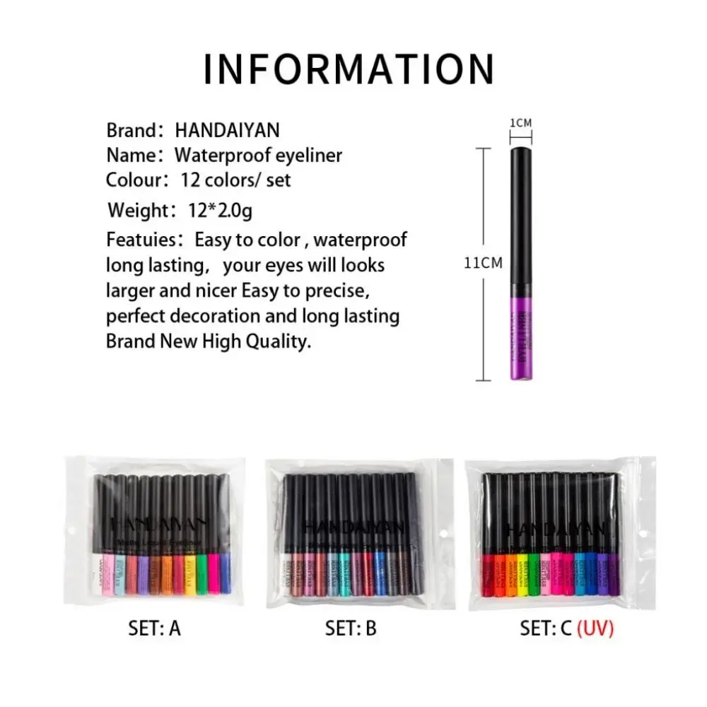 12 Colors Waterproof Eyeliner Pen Set Matte Long Lasting 24 Hours Fluorescent Eye Liner Pencils for Face Makeup Decoration