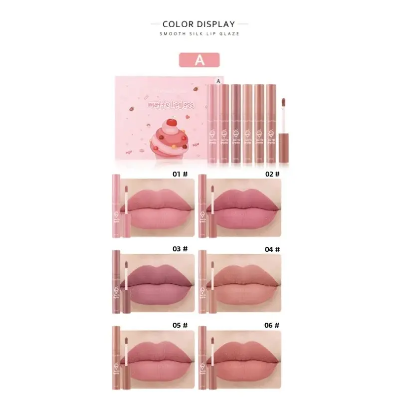 6 Colors Velvet Matte Lipgloss Set Long Lasting Liquid Lipstick Non Sticky Pink Makeup Gift Women Cute Packaging