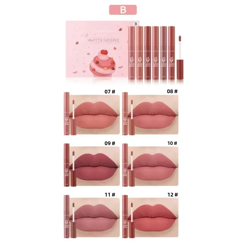 6 Colors Velvet Matte Lipgloss Set Long Lasting Liquid Lipstick Non Sticky Pink Makeup Gift Women Cute Packaging