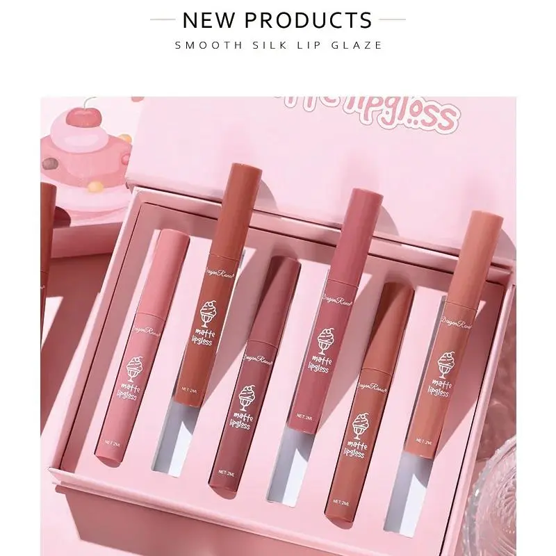 6 Colors Velvet Matte Lipgloss Set Long Lasting Liquid Lipstick Non Sticky Pink Makeup Gift Women Cute Packaging