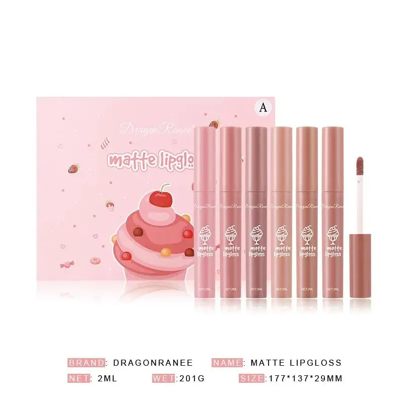 6 Colors Velvet Matte Lipgloss Set Long Lasting Liquid Lipstick Non Sticky Pink Makeup Gift Women Cute Packaging