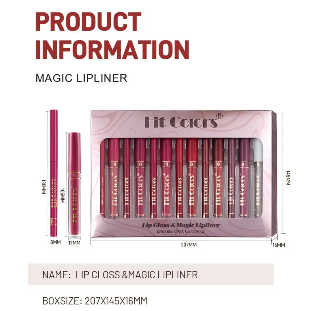 7pcs Matte Lipgloss Set With 6pcs Lip Liner Waterproof Long Lasting Non Stick Cup Hook Lip Makeup Glaze Kit