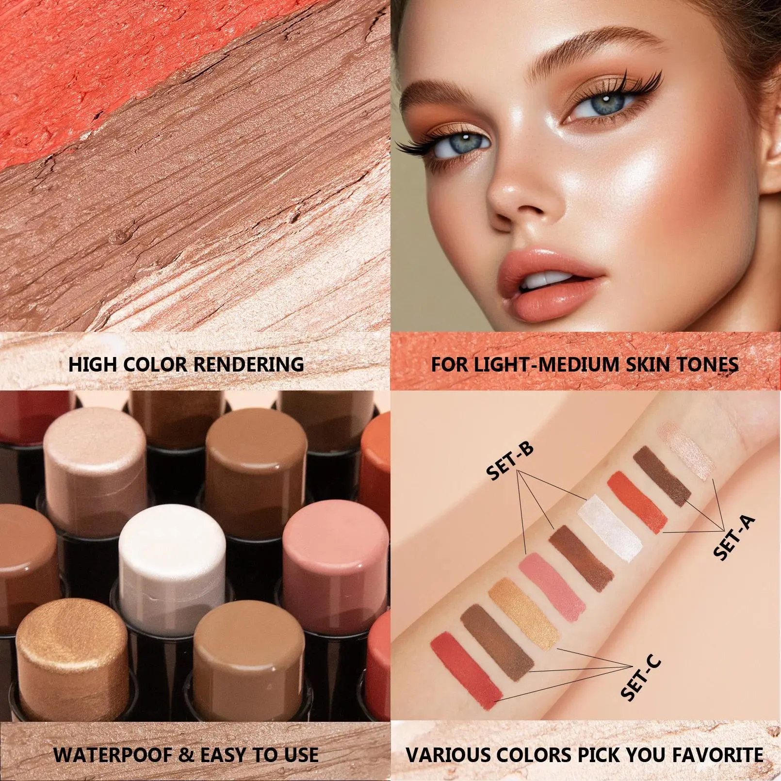 3Pcs Concealer Stick Set Waterproof Oil Control Highlighter Contour Blush Cream Multifunctional Makeup Beauty