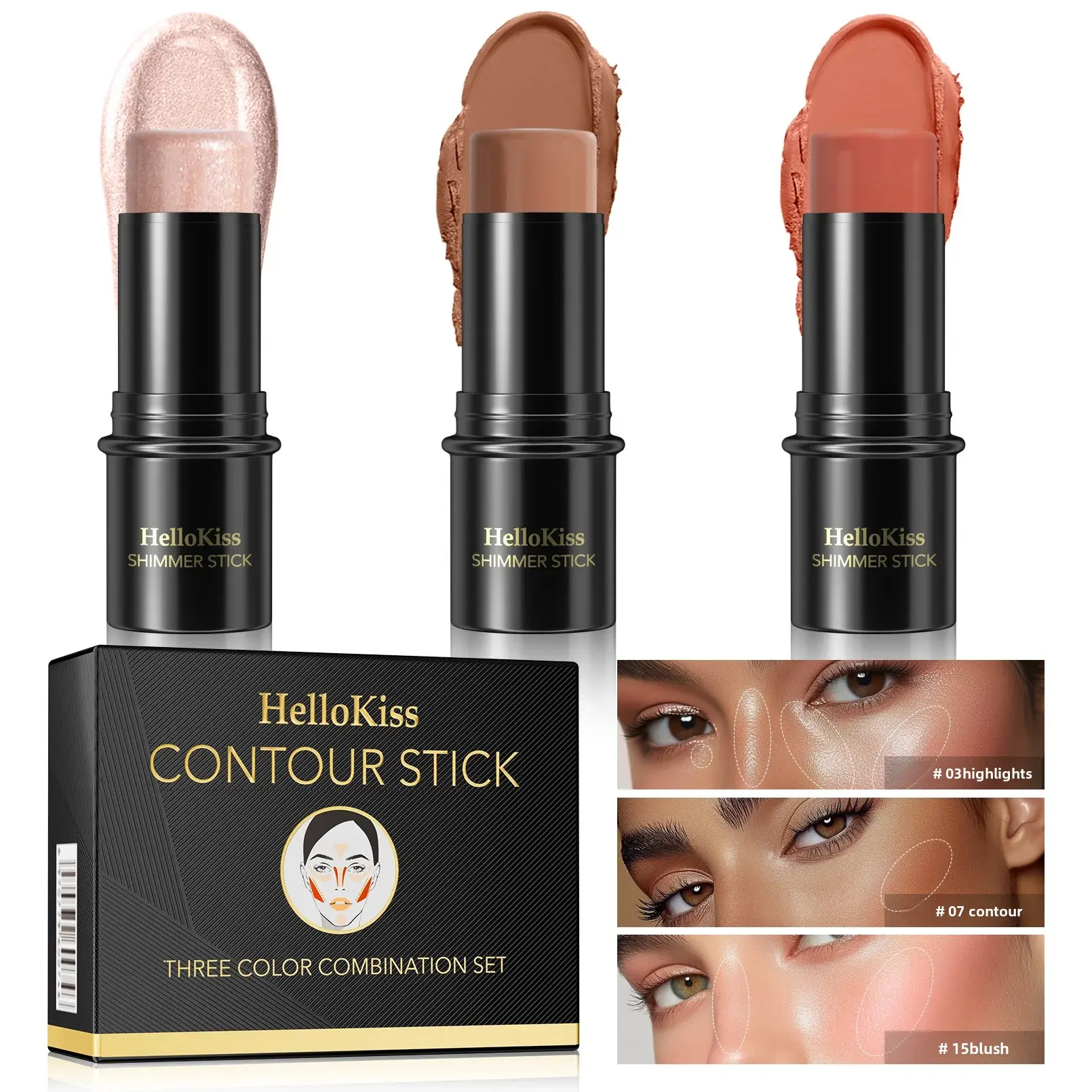 3Pcs Concealer Stick Set Waterproof Oil Control Highlighter Contour Blush Cream Multifunctional Makeup Beauty