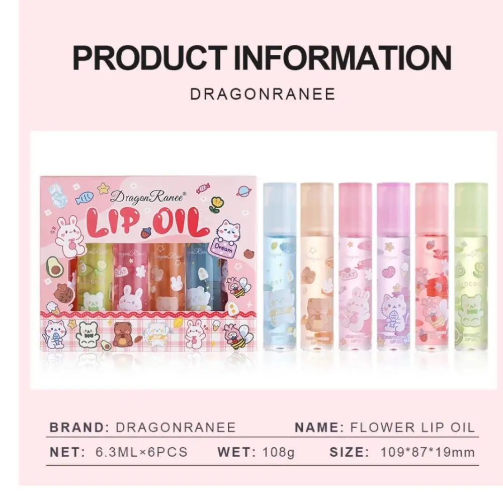 6PCS Hydrating Lip Oil Set Long Lasting Flower Jelly Gloss Non Sticky Lip Care Kit For Women Girls Kids