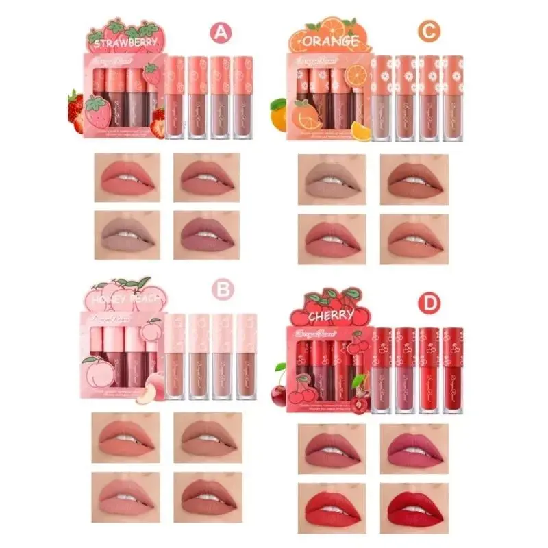 4 Piece Mini Velvet Matte Lip Gloss Set Long Lasting Non Fading Fruit Scented Lip Tint Smooth Lightweight Non Stick