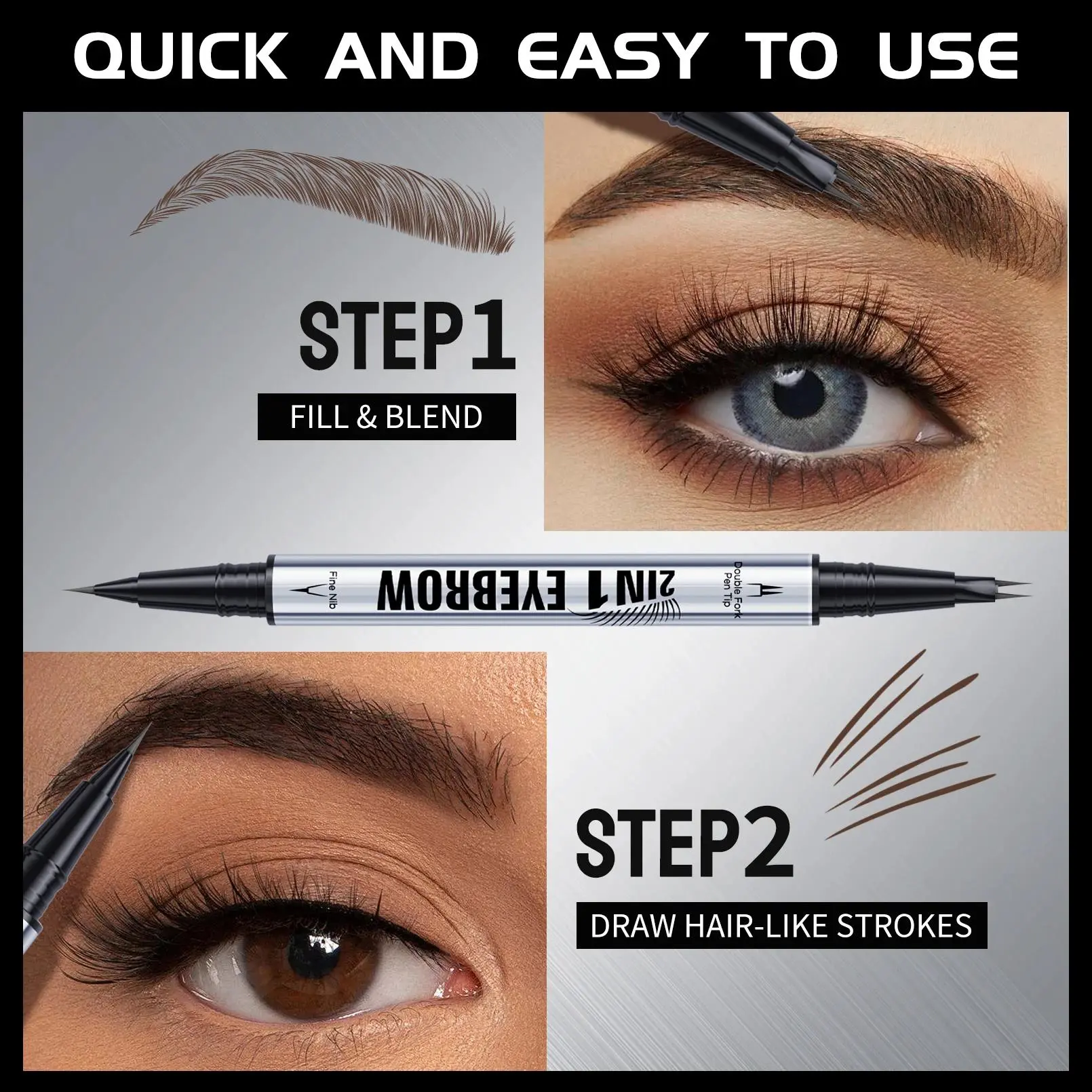 Natural Look Eyebrow Pencil Waterproof Sweat Proof Double Ended 2 in 1 Long Lasting Brow Definition Fill Shape