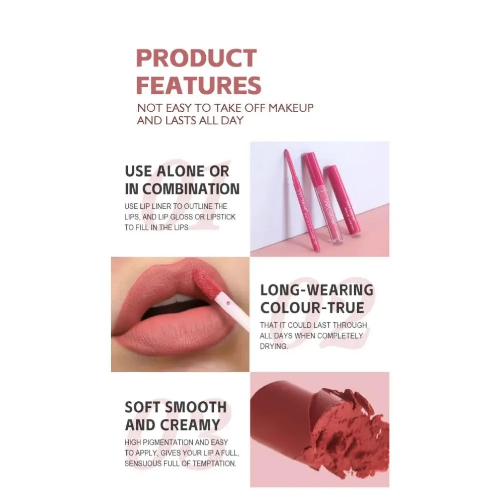 Matte Liquid Lipstick Set 3in1 Long Lasting Waterproof Lip Liner Gloss Kit Nude Pink Brown Cherry Shades