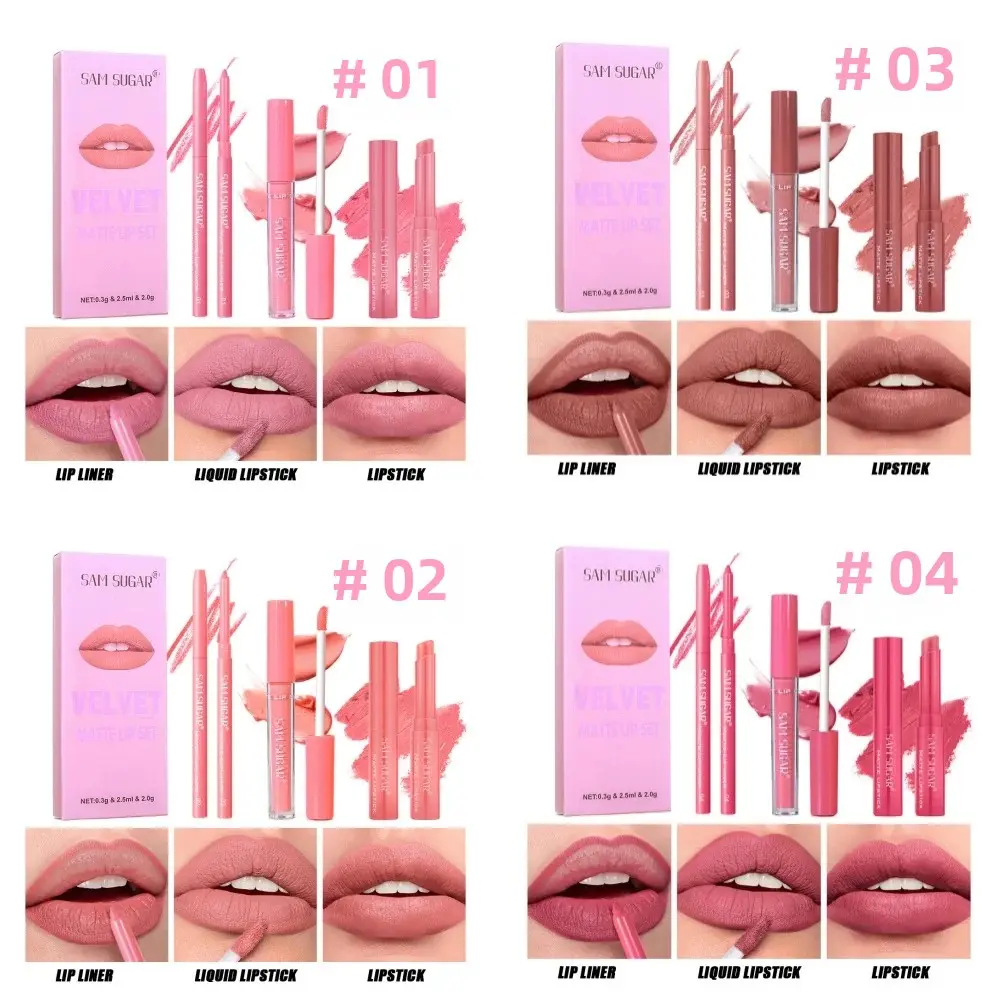 Matte Liquid Lipstick Set 3in1 Long Lasting Waterproof Lip Liner Gloss Kit Nude Pink Brown Cherry Shades