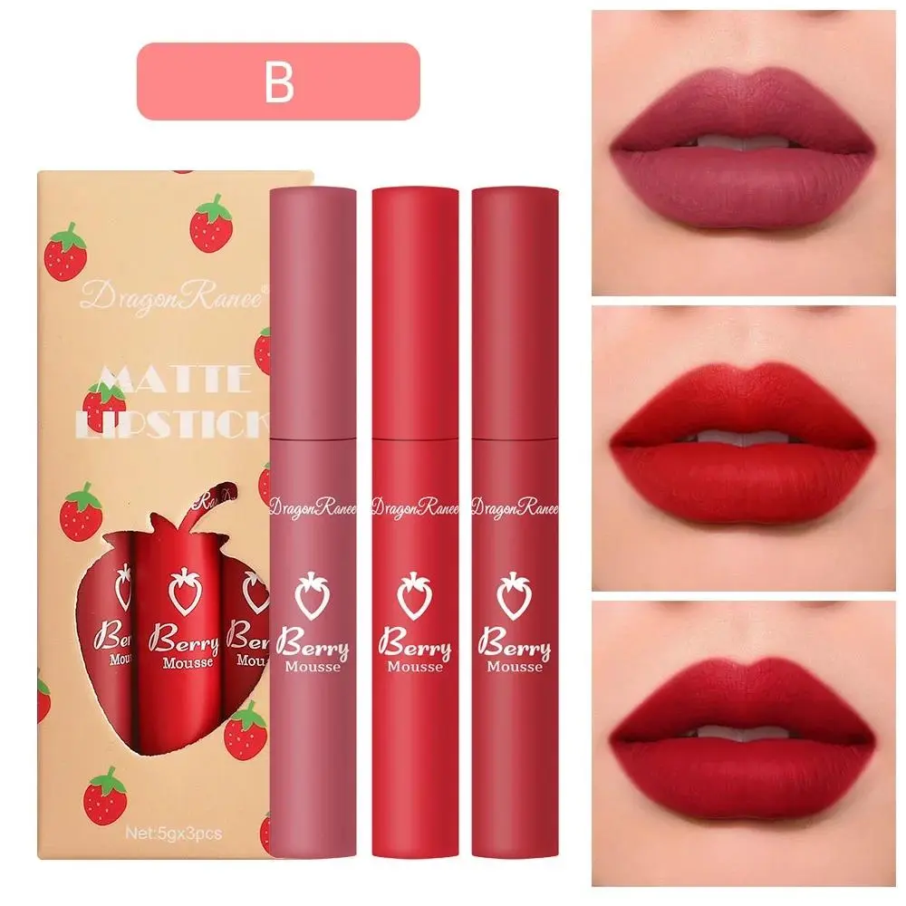 3 PCS Strawberry Velvet Matte Lip Gloss Set Non Stick Lipstick Cute Lip Makeup For Women Long Lasting Hydrating