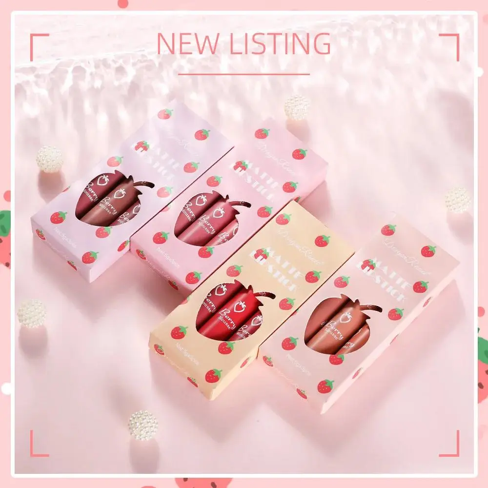 3 PCS Strawberry Velvet Matte Lip Gloss Set Non Stick Lipstick Cute Lip Makeup For Women Long Lasting Hydrating