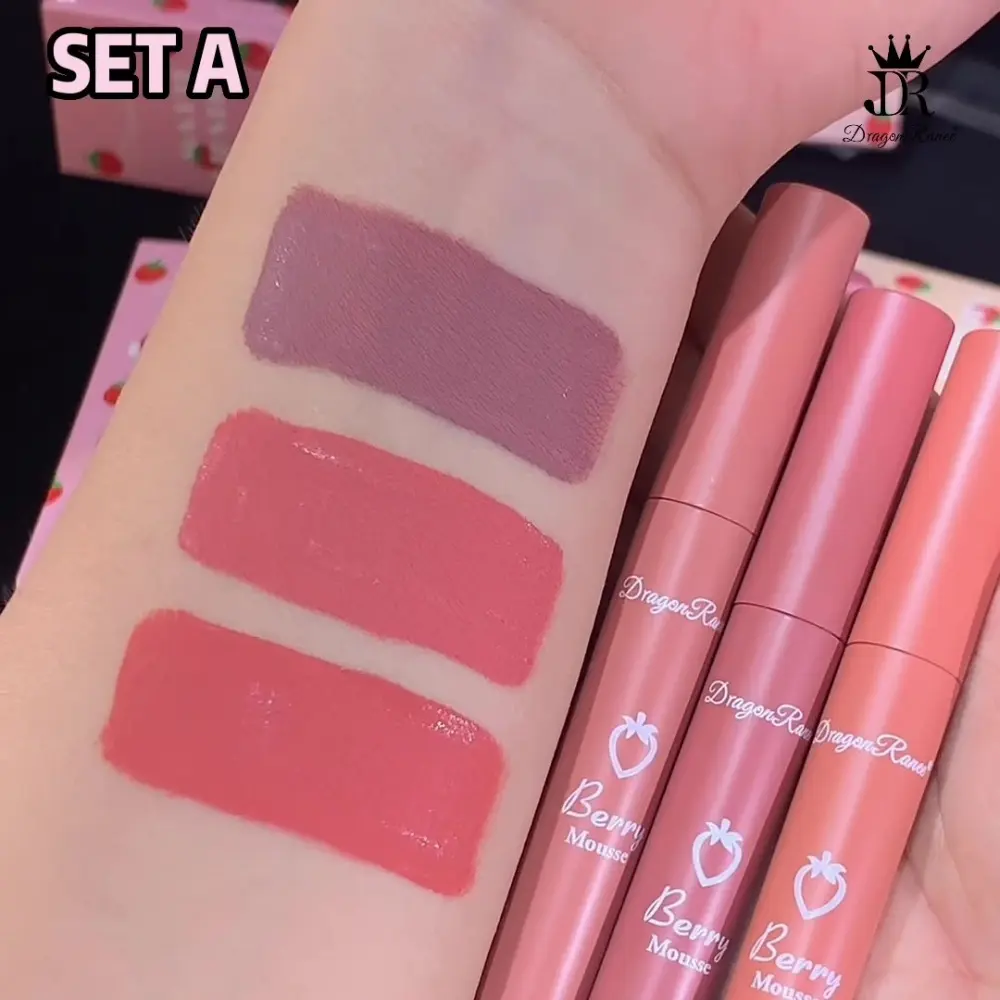 3 PCS Strawberry Velvet Matte Lip Gloss Set Non Stick Lipstick Cute Lip Makeup For Women Long Lasting Hydrating
