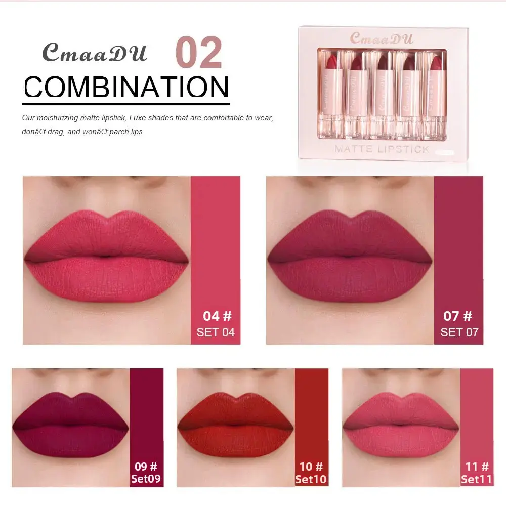 Velvet Matte Lipstick Set 5pcs Long Lasting Waterproof Red Nude Lipsticks Non Stick Cup Makeup Cosmetics Collection