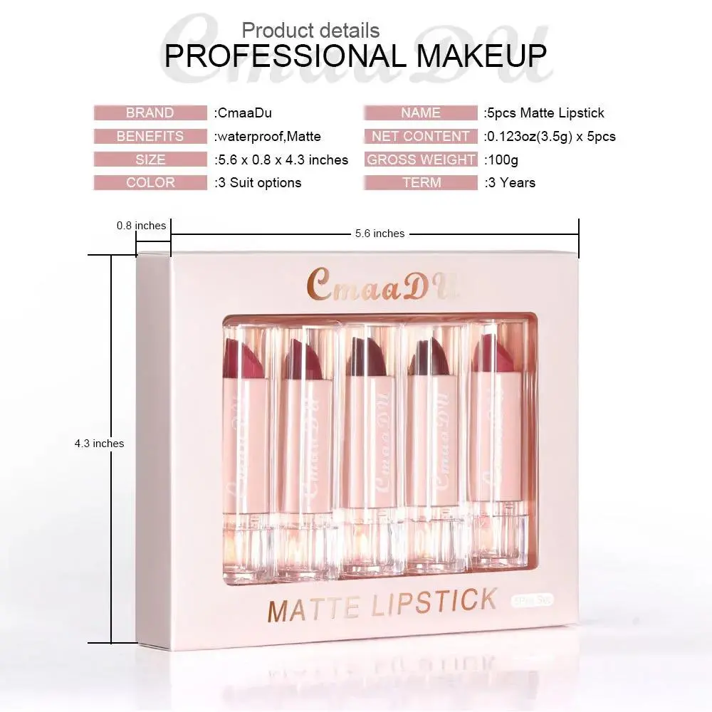 Velvet Matte Lipstick Set 5pcs Long Lasting Waterproof Red Nude Lipsticks Non Stick Cup Makeup Cosmetics Collection