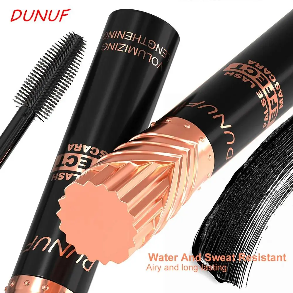 Black Waterproof Mascara Silk Fiber Eyelash Extension Volumizing Lengthening For Women 24H Wear DUNUF Makeup