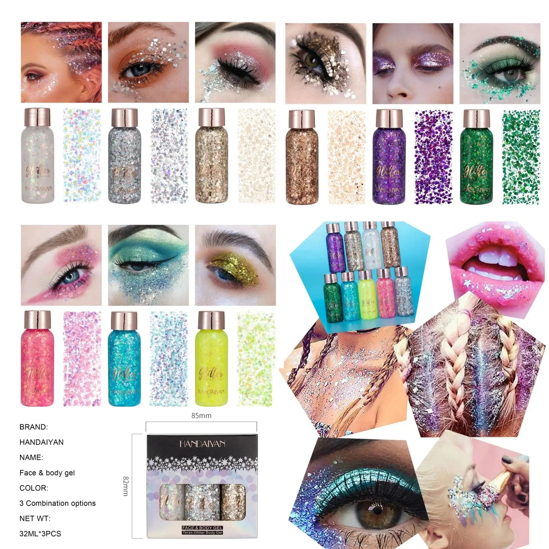 3Pcs Glitter Eyeshadow Set For Face Body Nail Art With Sequins Diamonds Perfect For Party Festival Makeup Decoration