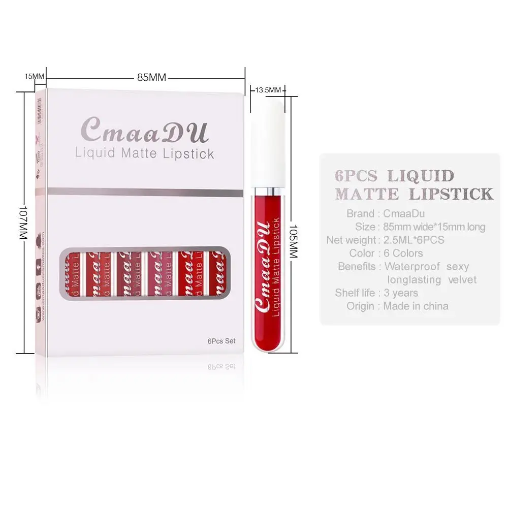 Matte Lipstick Set 6pcs Lip Gloss Waterproof Long Lasting Non Stick Cup Stain Makeup Cosmetics Beauty For Women
