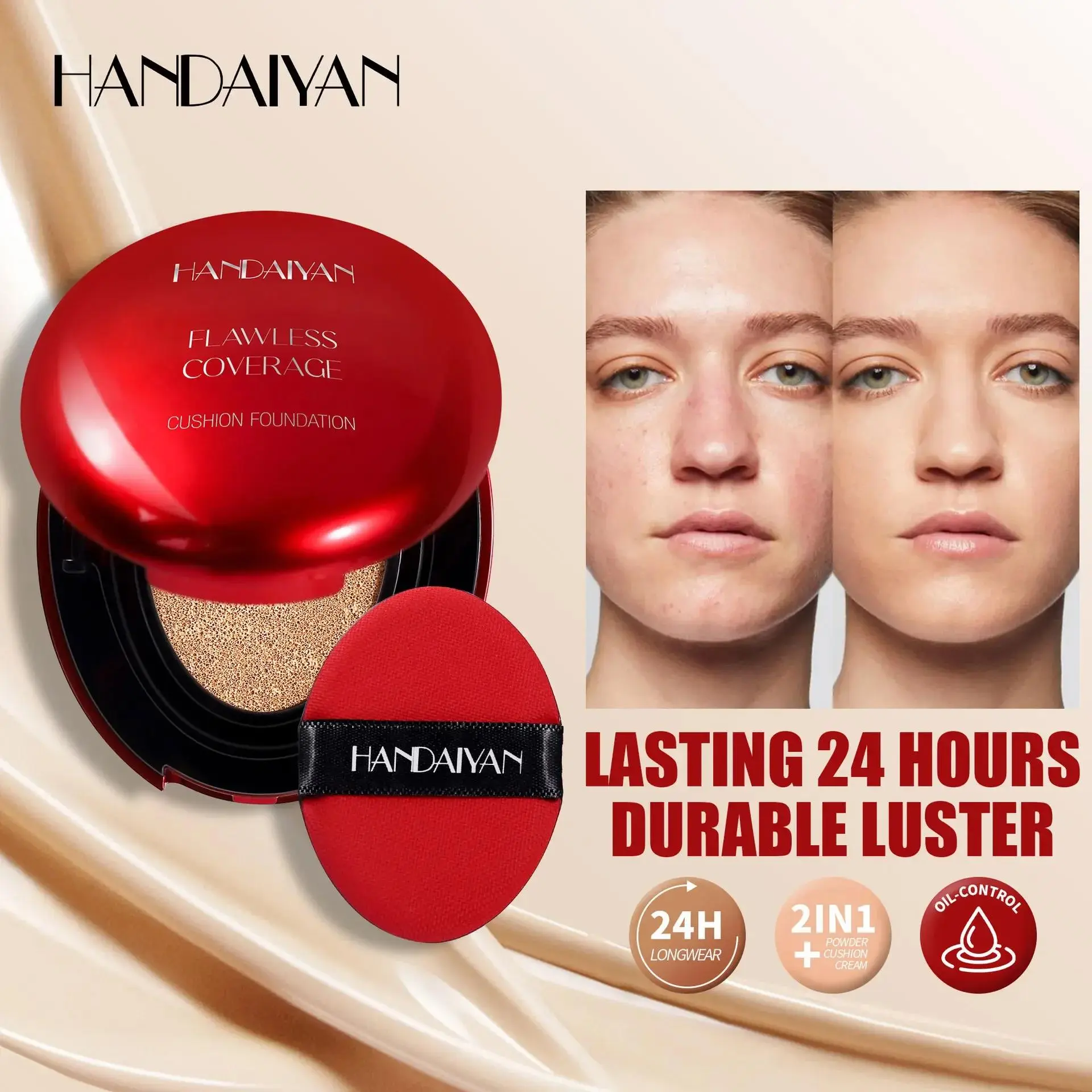 Long Wear Air Cushion Foundation Natural Finish Whitening Concealer Oil Free Makeup Base for Women Lightweight Cover