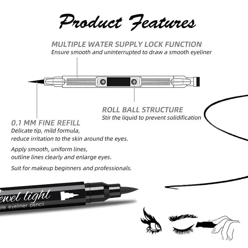 Waterproof Black Eyeliner Pen Fast Drying Long Wearing 2 In 1 Double Ended Stamp Liquid Eye Liner Makeup Cosmetic