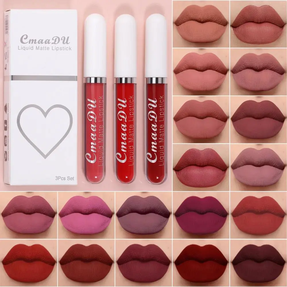 3Pcs Matte Velvet Lip Gloss Set Long Lasting Waterproof Liquid Lipstick Non Sticky Smudge Proof 24H Wear Makeup