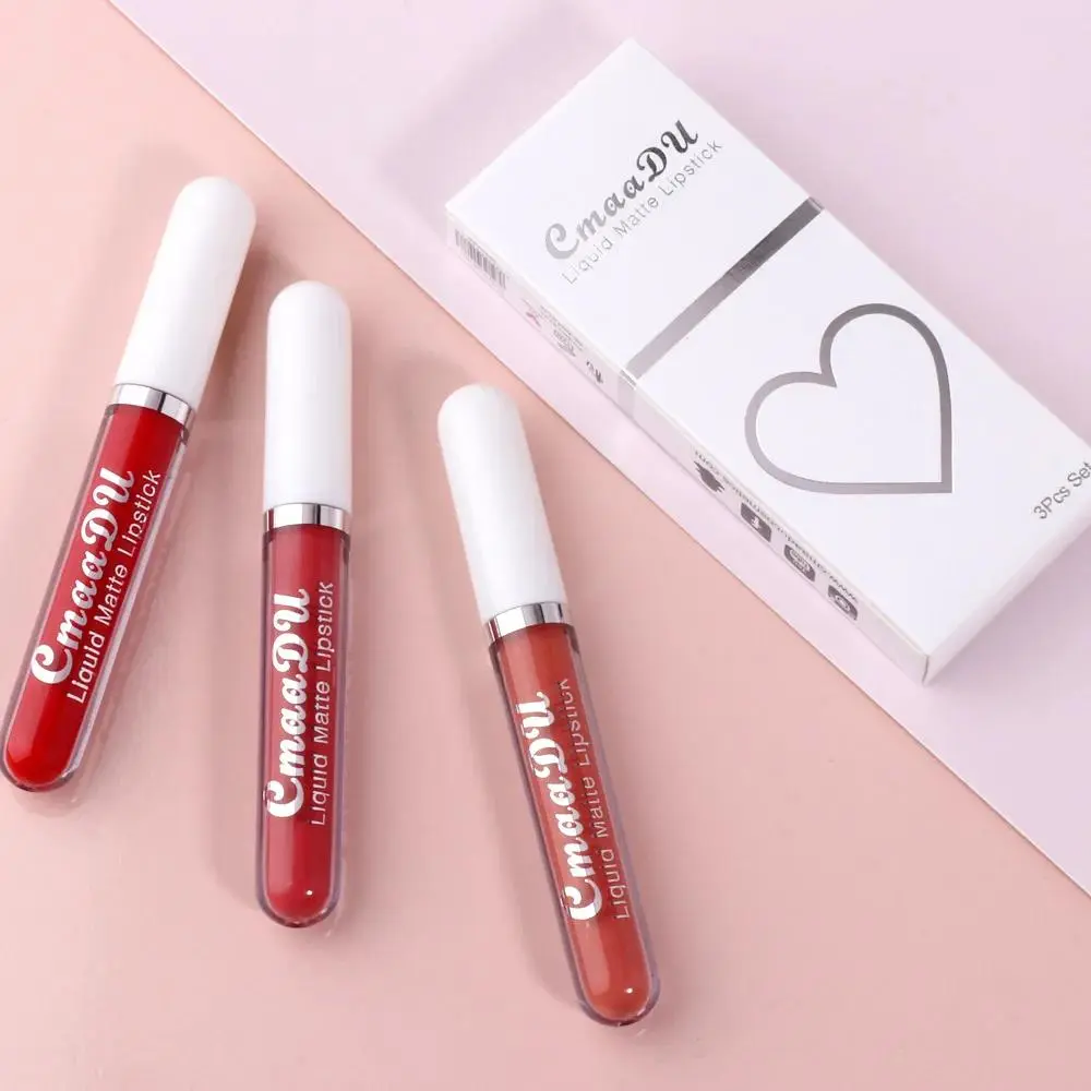 3Pcs Matte Velvet Lip Gloss Set Long Lasting Waterproof Liquid Lipstick Non Sticky Smudge Proof 24H Wear Makeup