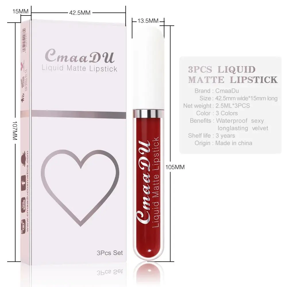 3Pcs Matte Velvet Lip Gloss Set Long Lasting Waterproof Liquid Lipstick Non Sticky Smudge Proof 24H Wear Makeup