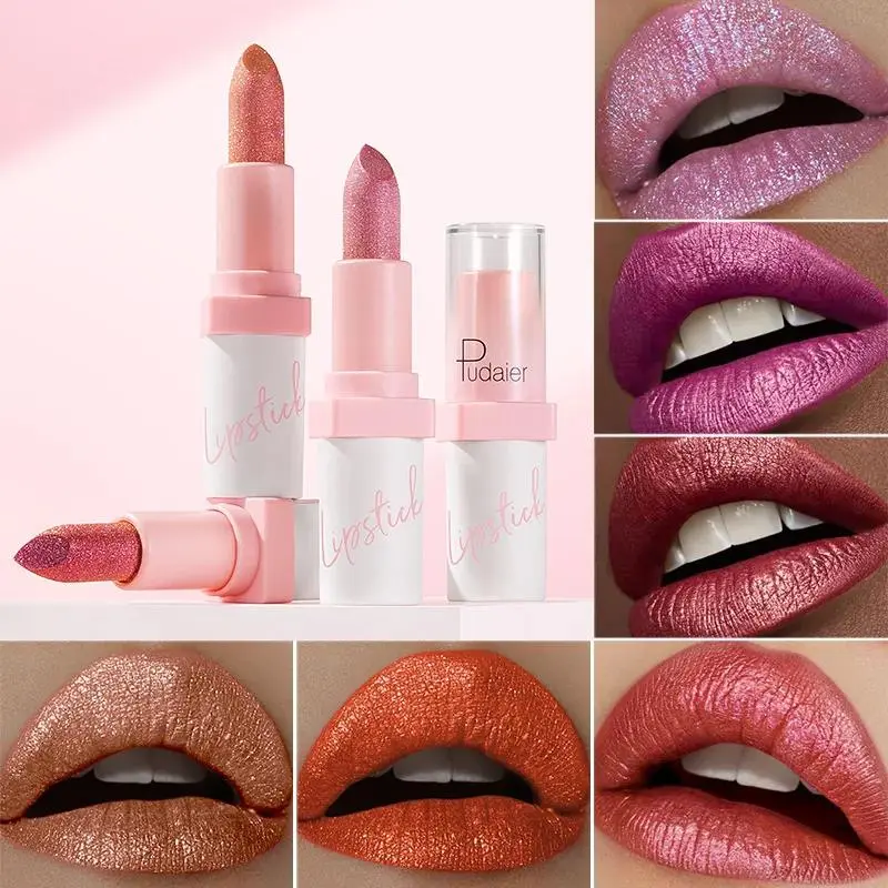 Shimmery Diamond Lipstick 10 Shades Waterproof Glittery Non Transfer Red Lip Tint Smooth Long Wear Pearly Lipstick