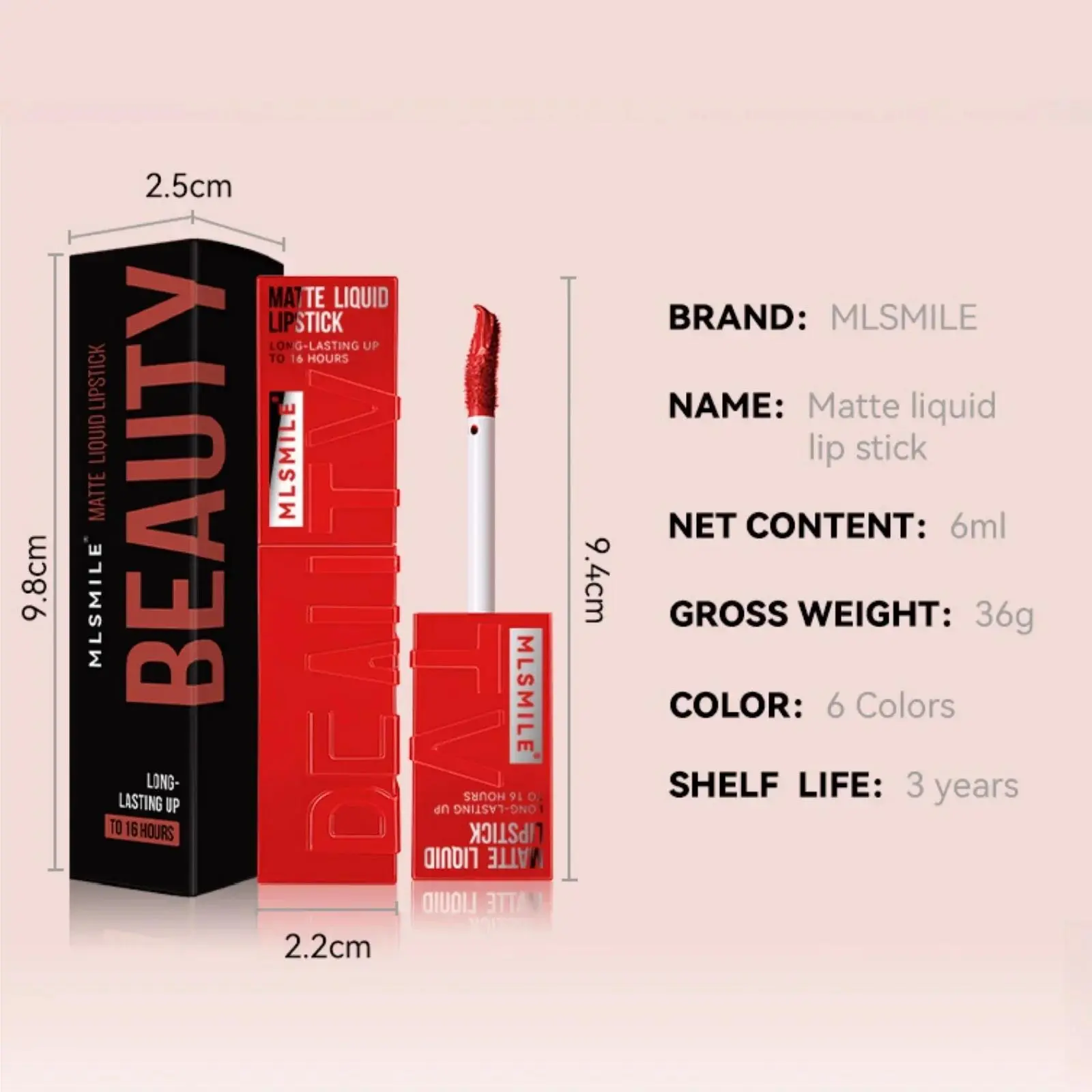 MLSMILE Liquid Lipstick 6 Color Velvet Satin Matte Lip Glaze Waterproof Long Lasting Non Stick Cup Glossy Tint