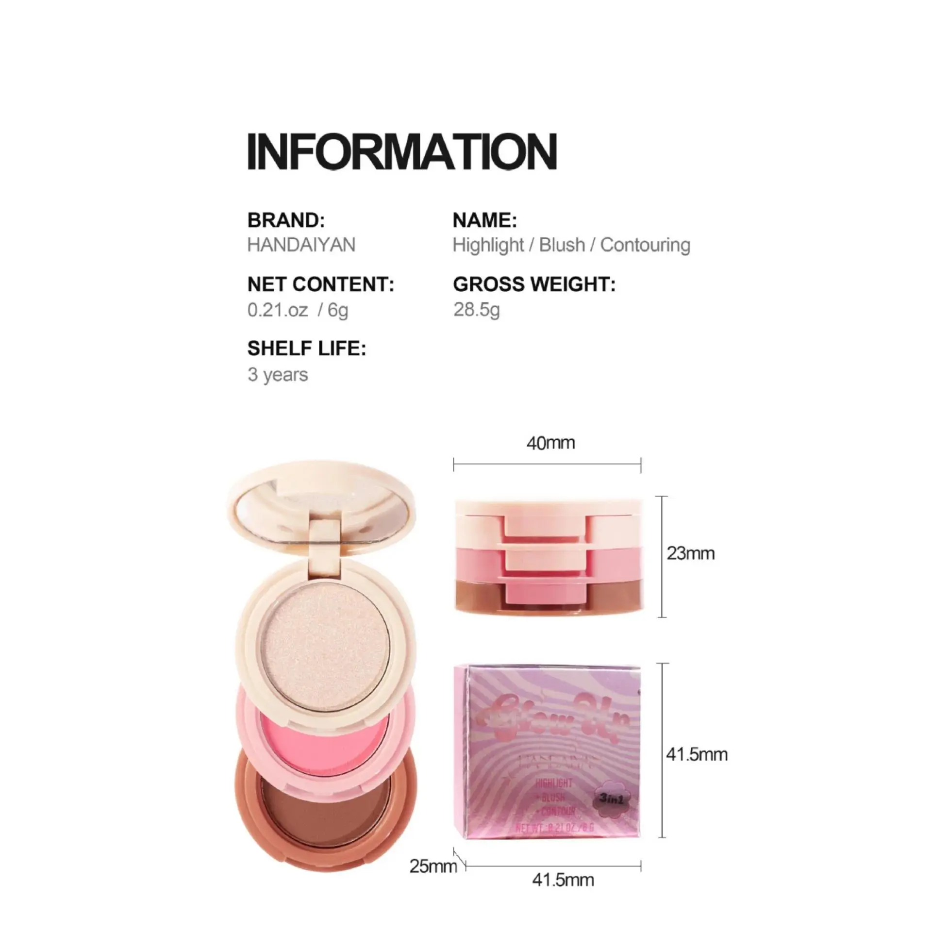 3 in 1 Multifunctional Matte Highlighter Contour Blush Palette Pearly Shiny Face Powder Cosmetics for Professional Makeup