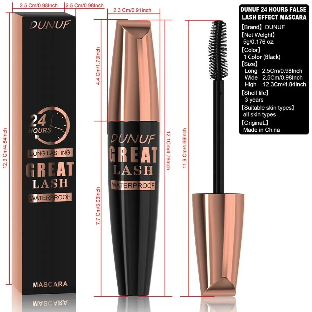 DUNUF Waterproof Mascara Extreme Volume Lengthen Curl 24 Hours Smudge Free Cruelty Free Vegan Formula For Sensitive Eyes
