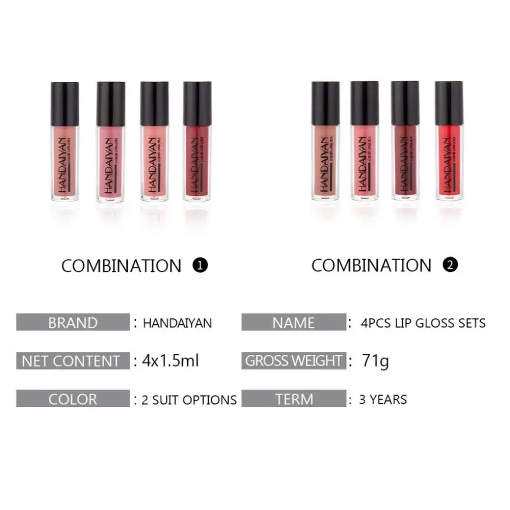 HANDAIYAN 4PCS Velvet Matte Lip Gloss Set Waterproof Long Lasting Nonstick Liquid Lipstick Smooth Lip Tint Makeup Kit