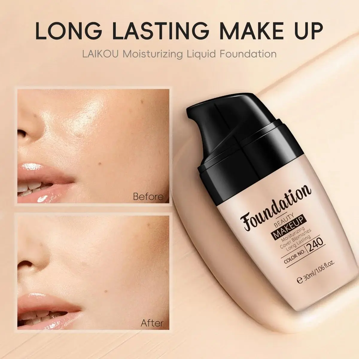 LAIKOU Oil Free Liquid Foundation Natural Matte Finish Concealer Waterproof Long Lasting Base Makeup for Flawless Skin