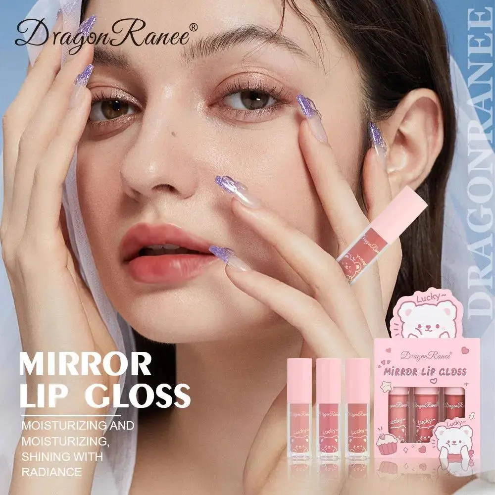 Dragon Ranee 3pcs Mirror Lip Gloss Set Hydrating Shining Glaze Moisturizing Pearl Liquid Lipstick Cartoon Beauty Cosmetic