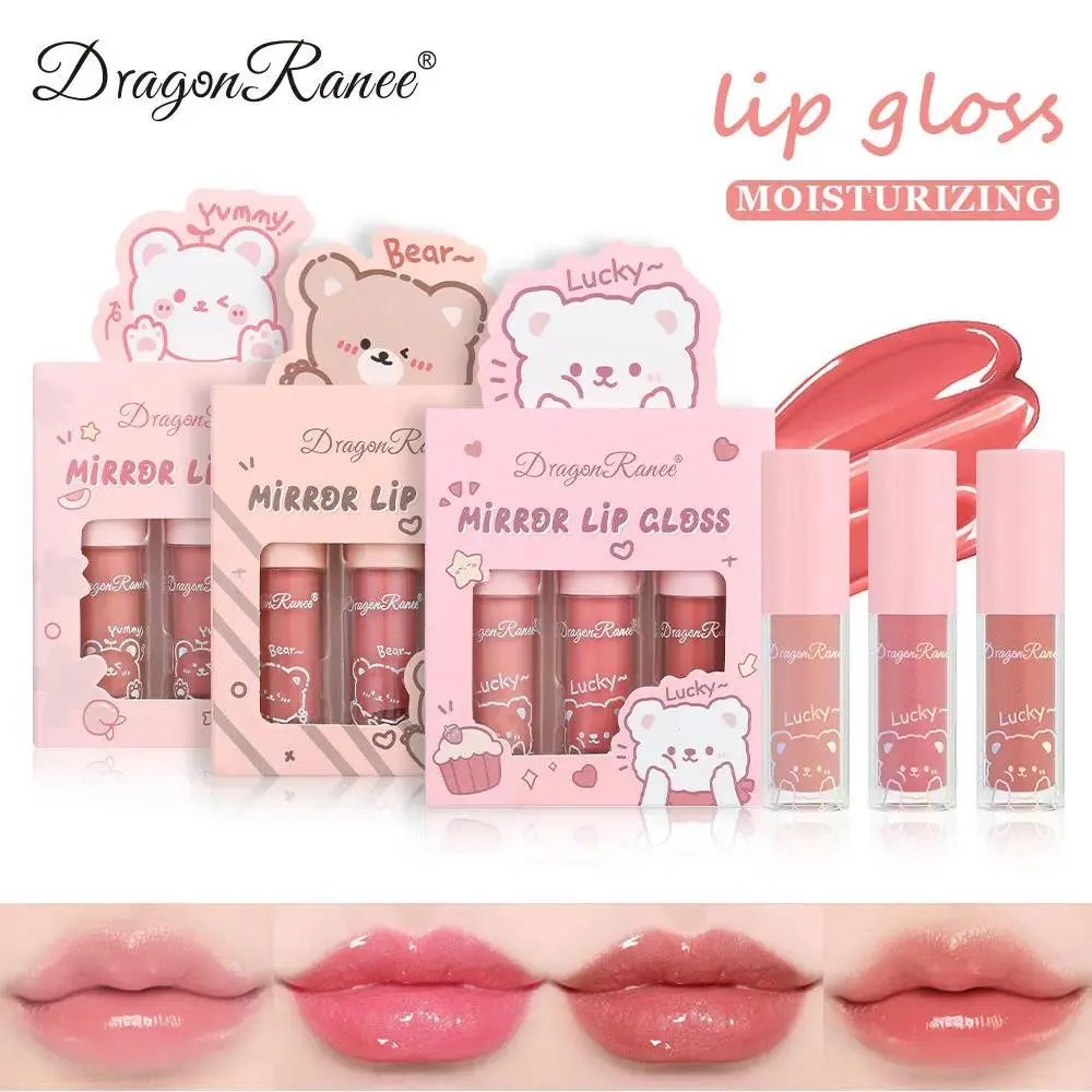 Dragon Ranee 3pcs Mirror Lip Gloss Set Hydrating Shining Glaze Moisturizing Pearl Liquid Lipstick Cartoon Beauty Cosmetic