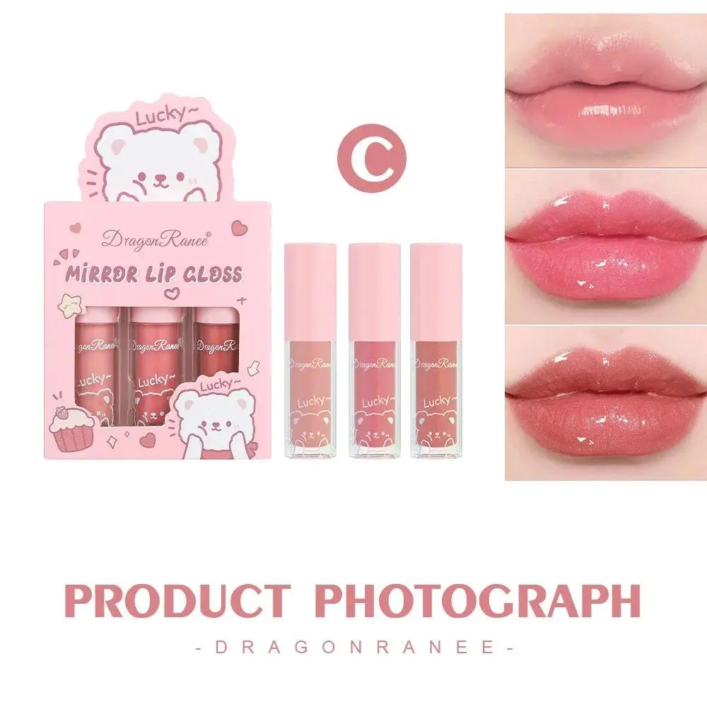 Dragon Ranee 3pcs Mirror Lip Gloss Set Hydrating Shining Glaze Moisturizing Pearl Liquid Lipstick Cartoon Beauty Cosmetic